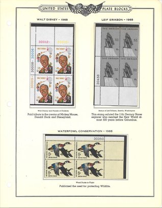 United States Plate Block-Walt Disney 1968/Leif Erikson 1968/Waterfowl Conservation 1968