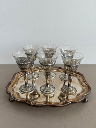 Vintage Silver-plated Footed Tray With Cordial Glasses (7-Piece Set)