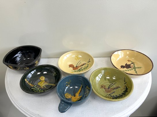 Vintage La Poterie D'Annecy Saint Jorioz Stoneware Bird Bowls & Latte Mug, Stamped (6-piece Set)