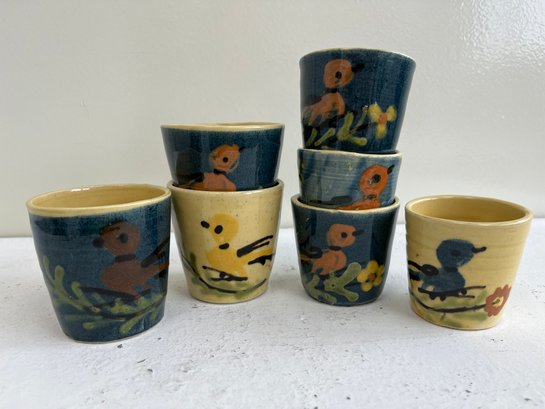 Vintage La Poterie D'Annecy Saint Jorioz Stoneware Bird Espresso Cups, Stamped (7-piece Set)