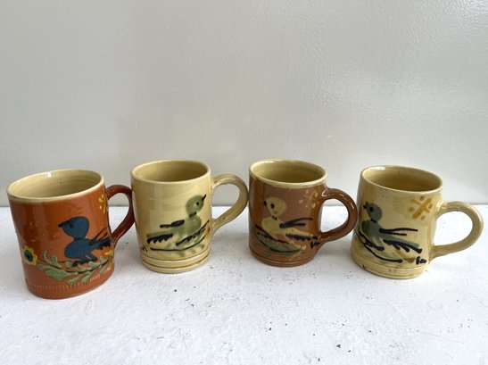 Vintage La Poterie D'Annecy Saint Jorioz Stoneware Bird Mugs, Stamped (4-piece Set)