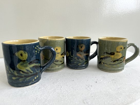Vintage La Poterie D'Annecy Saint Jorioz Stoneware Bird Mugs, Not Stamped (4-piece Set)