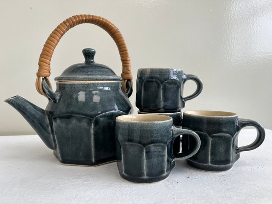 Vintage Glazed  Stoneware Faceted Teapot With Wrapped Bamboo Handle & (4) Handled Mugs Circa 1980's
