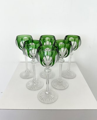 Vintage Bohemian Crystal Emerald Cut-to-Clear Wine Glasses (Set Of 6)