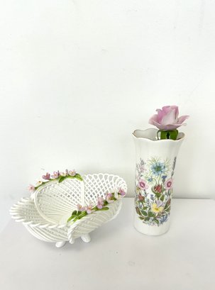 Vintage Ceramic Woven Basket & Aynsley Wild Tudor Vase W/ Flower (3-piece Set)