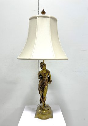 Vintage French Bronze Figural Table Lamp With Cream Lampshade(signed)