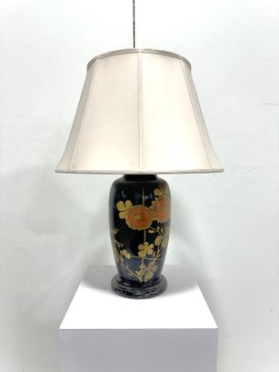 Vintage Black Ceramic Table Lamp With Gold Floral Motifs