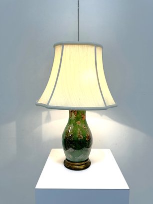 Vintage Decoupage Style Emerald Table Lamp With Square-sided Lampshade