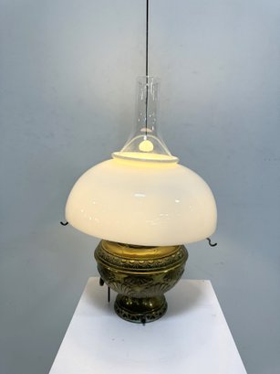 Vintage Brass Table Lamp With Period Opal Shade