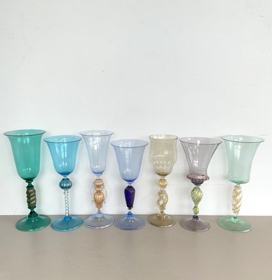 Vintage Murano Art Glass Goblets, Signed (7-piece Set)
