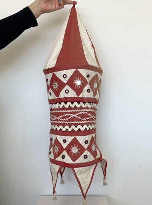 Red & Cream Fabric Lampshade W/ Embroidered Shisha Mirrors