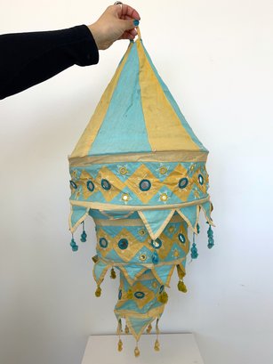 Yellow & Blue Tiered Fabric Lampshade W/ Embroidered Shisha Mirrors