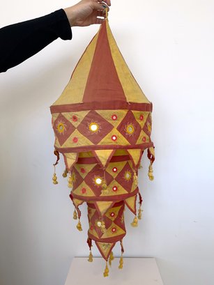 Yellow & Red Tiered Fabric Lampshade W/ Embroidered Shisha Mirrors (#1)