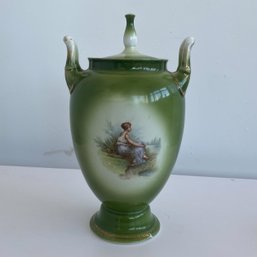 Vintage German Porcelain Urn Vase With Lid - Scenes Of Maidens And Gold Details