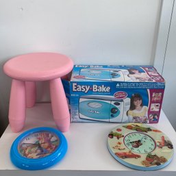 Easy Bake Oven, Pink Stool, And 2 Clocks