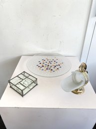 Vintage Jan Sylwester Drost Asteroid Plate, Milk Glass Sugar Scuttle, & Beveled Trinket Box (3-piece Set)