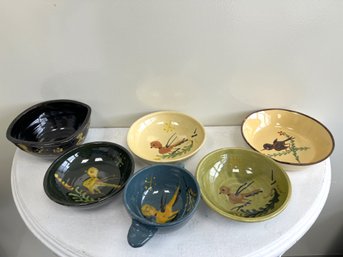 Vintage La Poterie D'Annecy Saint Jorioz Stoneware Bird Bowls & Latte Mug, Stamped (6-piece Set)