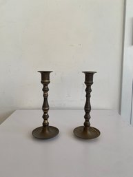 Vintage Japanese Brass & Gold Patina Candlestick Holders (set Of 2)