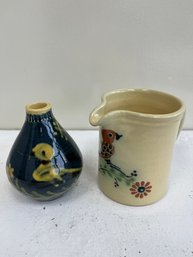 Vintage La Poterie D'Annecy Saint Jorioz Bird Vase & Poterie De Charly Pitcher, Stamped (2-piece Set)