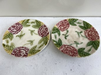 Set Of (2) Vintage French Ceramic Sister Rose Plates (believed To Be Majolica)