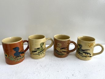 Vintage La Poterie D'Annecy Saint Jorioz Stoneware Bird Mugs, Stamped (4-piece Set)