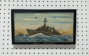 Vintage Carved Relief Painting Of H.M.C.s. Iroquois (Signed By: L. Grenier)