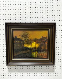 Framed Impressionist Painting Depicting Night Canal (signed)