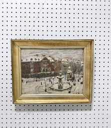 Framed Impressionist Painting Depicting Snowy Town Square (signed)