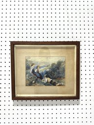 Framed Watercolor Painting Depicting Children On Hillside