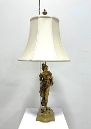 Vintage French Bronze Figural Table Lamp With Cream Lampshade(signed)