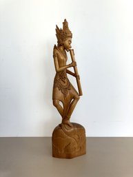 Balinese Hand-carved Wooden Statue Playing The Flute (inscribed And Stamped)