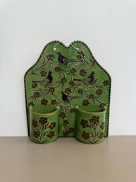 Vintage Poterie D'Evires Hand-Painted Ceramic Double Utensil Holder, Stamped