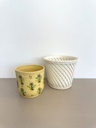 Vintage La Poterie D'Annecy Saint Jorioz Stoneware Vase & Woven Ceramic Planter, Signed (2-piece Set)