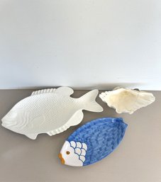 Studio Nova Fish Platter, Vintage Daedalus Vietri Fish Plate & Large Shell (3-piece Set)