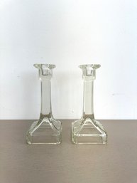 Vintage Mid-century Glass Candleholders With Square Base (set Of 2)