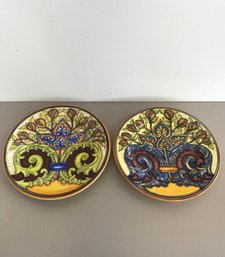 Hand Painted Italian Deruta Baroque Style Plates W/ Foliage Detail - Franco Mari (2-piece Set)