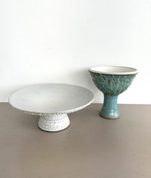 Textured Ceramic Ivory Cake Stand & Turquoise Chalice (2-piece Set)