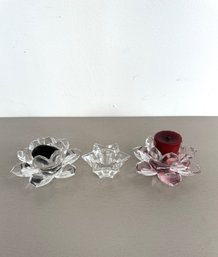 Pair Of Glass Lotus Candleholders And Vintage Villeroy & Boch Star Candleholder (3-piece Set)