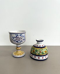 Vintage Hand Painted Deruta Goblet & Vase, Signed Michela (2-piece Set)