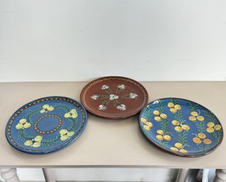 Vintage Hand-painted Ceramic Fruit & Floral Plates, Signed (3-piece Set)