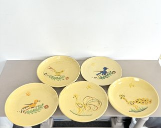 Vintage La Poterie D'Annecy Saint Jorioz Stoneware Speckled Bird Plates, Stamped (5-piece Set)