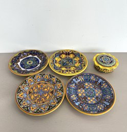 Hand Painted Italian Deruta Plates And Trinket Jar - Franco Mari & Christina (5-piece Set)