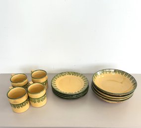 Vintage Yellow Ochre Stoneware With Green Detail, Believed To Be Betson West (12-Piece Set)