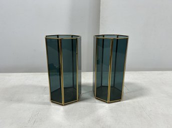 Set Of 2 Tall Heptagon Hurricanes-Smoke Colored Glass With Gold Trim