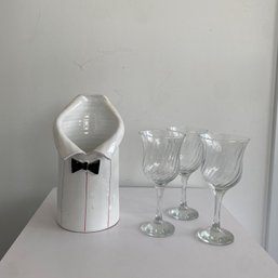 Tuxedo Bottle Holder & Set Of 3 Wine Glasses