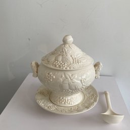 Ceramic Embossed Tureen With Ladle & Charger