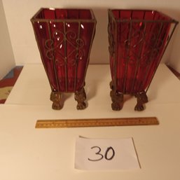 Pair Of Vintage Red Glass & Metal Vases