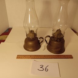 Pair Of Mis-matched Vintage Copper Oil Lamps