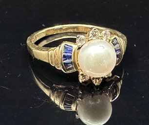 Timeless Sapphire, Diamond & Pearl 14K YG Ring