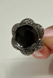 Awesome Onyx Marcasite Sterling Silver Flower Ring